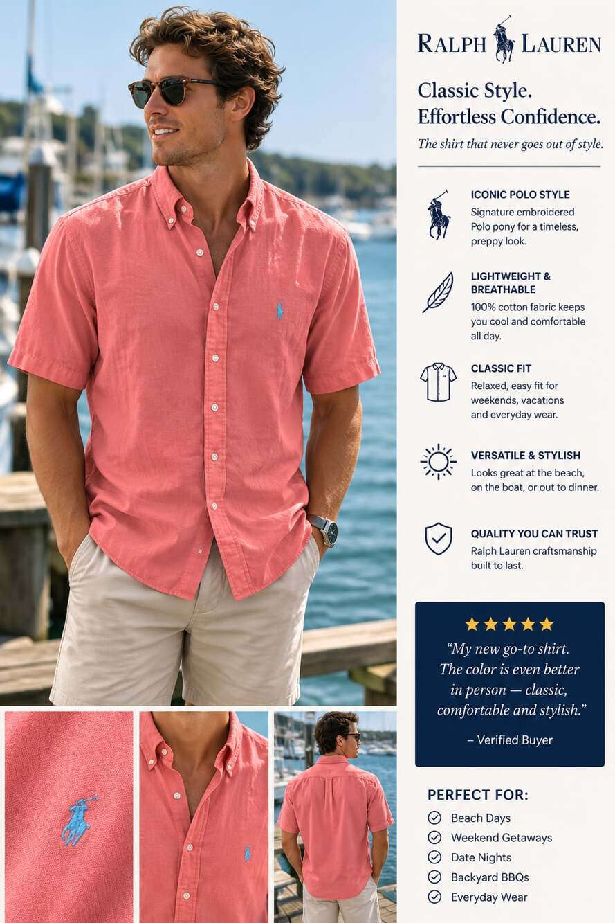 Polo Ralph Lauren Blake Mens M Salmon Pink Short Sleeve Button Down Shirt Pony